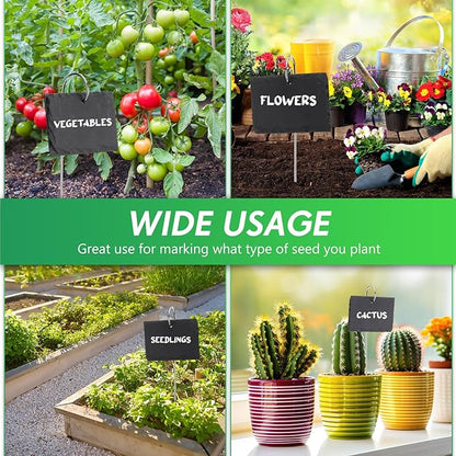 12 Sets Plant Labels Slate Plant Tags Garden Sign Marker Weatherproof Reusable Natural Slate Garden Sign Hanging Tag with Metal Stake and Pen for Outdoor Flower Vegetable(Rectangle)