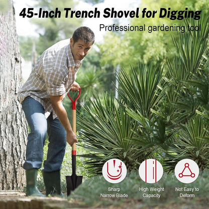 Drain Spade Shovel, Garden Drain Spade, Trenching Shovel, Woode D-Handle, Steel Y-Grip, 45 Inch Spade for Digging Transplanting & Edging (Red)