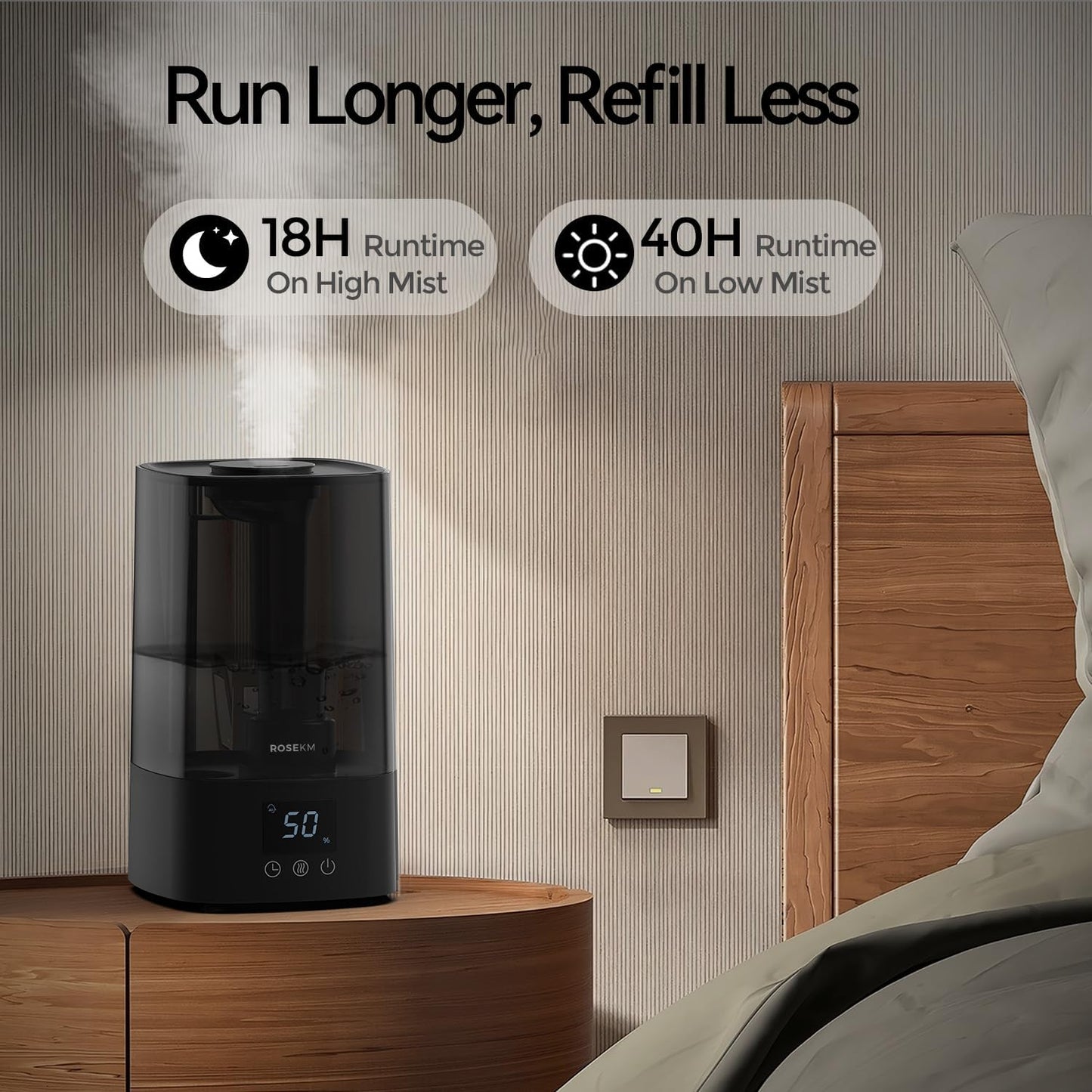 Automatic Humidifiers for Bedroom Large Room, 4.5L Cool Mist Humidifier for Home & Plant with Timer & Humidity Sensor, Last Up to 18H on High Setting, Auto Shut-Off, 360° Nozzle (Black)