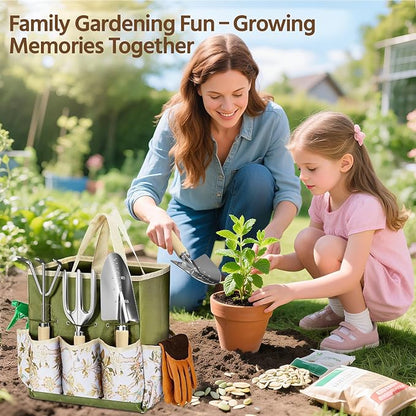 LASZOLA 9 Pcs Garden Tools Set with Tote Bag and Hand Trowel Rake Shovel, Heavy Duty Stainless Steel Gardening Kit for Outdoor Plant, Standable Portable Handbag Organizer, Ideal for Women Mom, Green