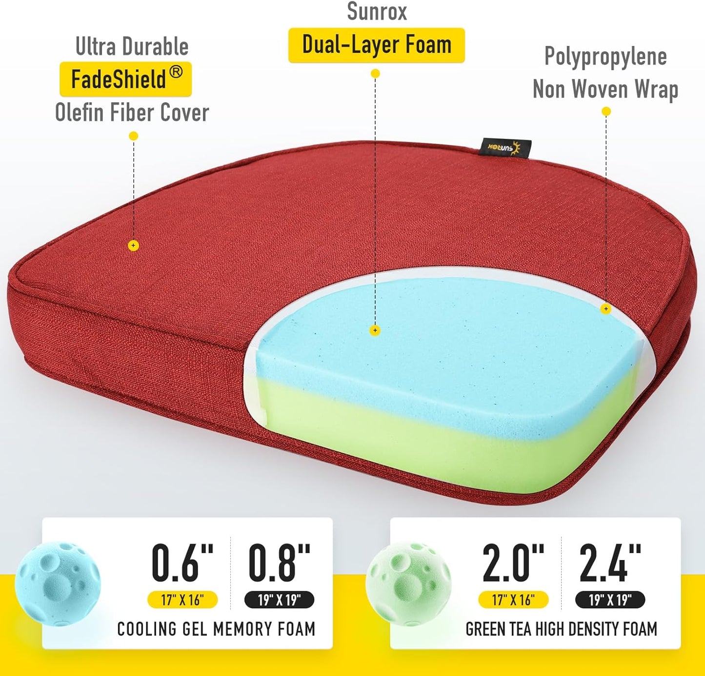 SUNROX Gel Memory Foam Chair Cushions, FadeShield Water-, Stain-Resistant Durable Reversible Seat Cushion Pads with Ties for Indoor/Outdoor Kitchen Dining Office 17"x16" Set of 6, Burgundy