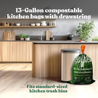 Healthy Earth 13 Gallon Compostable Trash Bags – Tall Kitchen Garbage Bags with Drawstring Handles, Extra Thick Plant-Based Liners, BPI & TÜV Certified ASTM D6400, Heavy Duty Leak-Proof (30 Count)