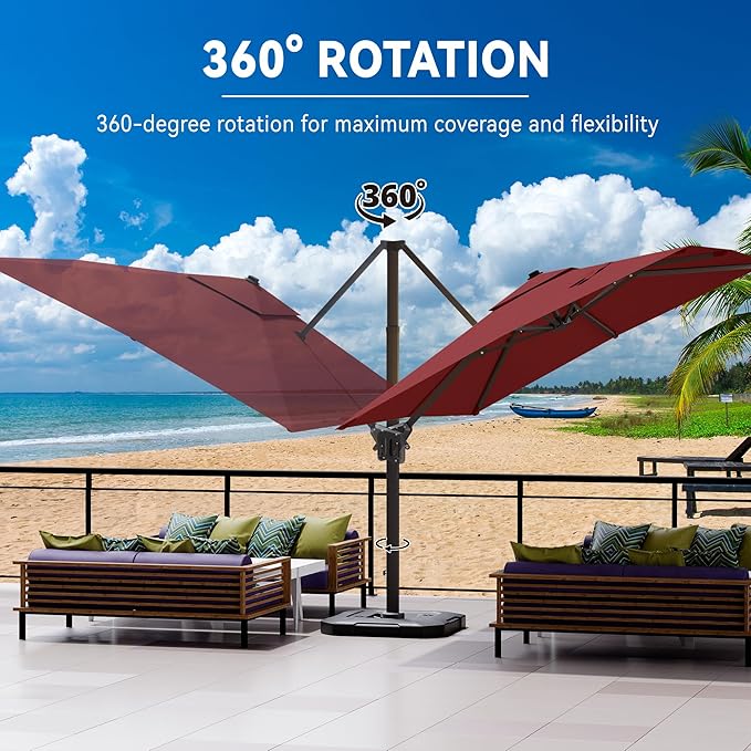 9' X 12' Cantilever Patio Umbrella 360°Rotation Rectangular Outdoor Large Offset Umbrellas Heavy Duty Windproof for Garden Deck Pool Backyard, Red
