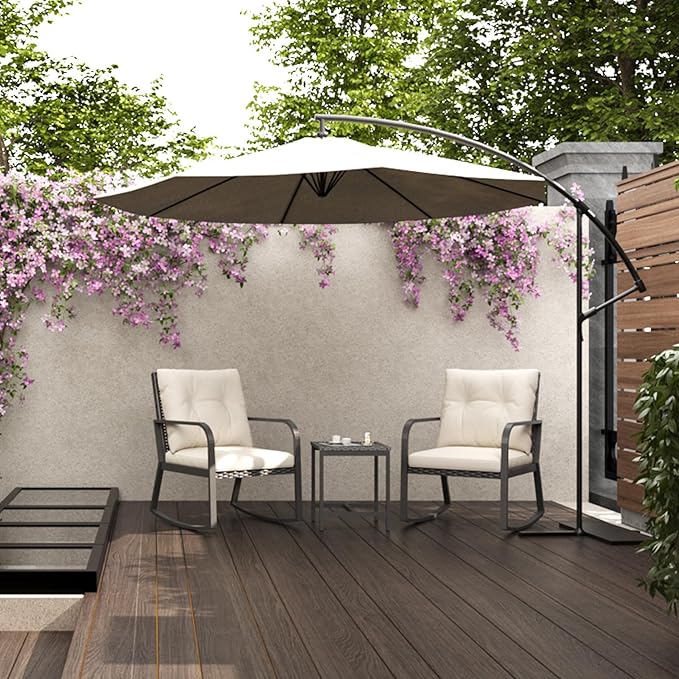 Bistro 3 Piece Patio Furniture Set, Patio Table and Rattan Outdoor Rocking Chairs Set of 2, Outdoor Bistro Conversation Set for, Garden, Balcony, Poolside, Backyard, Beige