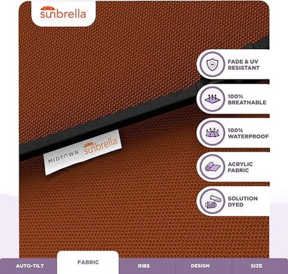Midtown Umbrellas Sunbrella Umbrella 9 Feet Outdoor Umbrella With Terracotta Acrylic Fabric - Auto-Tilt Aluminum Frame Patio Umbrella For Backyard, Deck, Garden, Pool - Black Pole