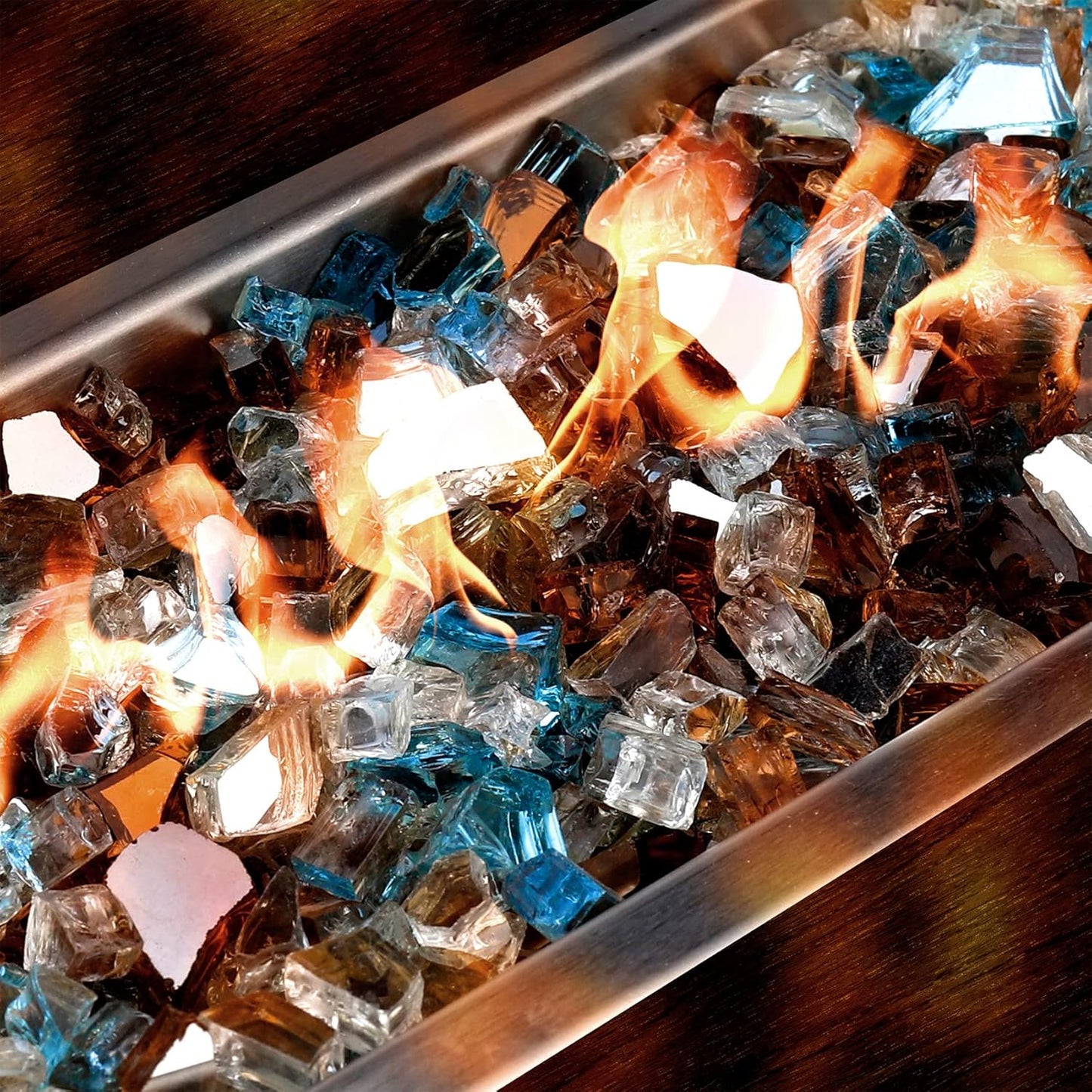 Mr. Fireglass 10 Pounds Blended Reflective Fire Glass for Fire Pit Fireplace and Landscaping, 1/2 Inch Mixed Colored High Luster Fireglass Rocks for Outdoor ＆ Indoor Use Aqua Blue+Copper+Platinum
