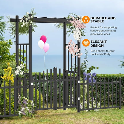 VINGLI Garden Arbor with Gate and Fence, PVC Frame Trellis Garden Arch for Plant Climbing, Vinyl Pergola Wedding Arch Backdrop Standing for Backyard, Lawn, Event (Black)