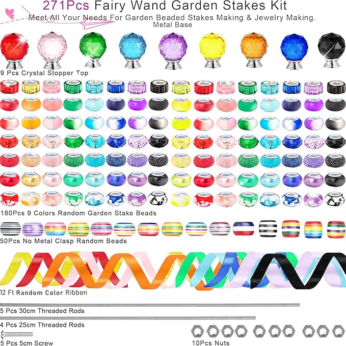 271 Pcs Beaded Garden Stakes Kit, DIY Fairy Wand Garden Stakes Beads Kit Colorful Large Hole Bead Crystal Stopper Top 9 Stainless Steel Threaded Rod Beaded Fairy Wands Supplies for Outdoor Decorative