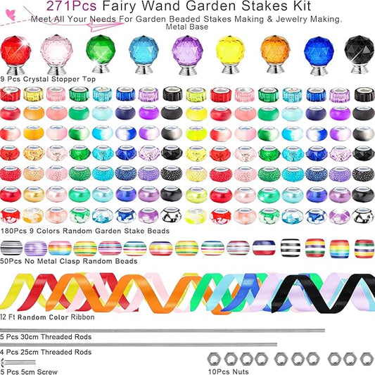 271 Pcs Beaded Garden Stakes Kit, DIY Fairy Wand Garden Stakes Beads Kit Colorful Large Hole Bead Crystal Stopper Top 9 Stainless Steel Threaded Rod Beaded Fairy Wands Supplies for Outdoor Decorative