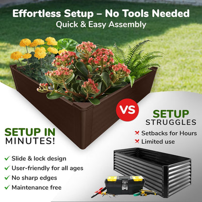 Raised Garden Bed - 4x4 ft Planter Box - Brown HDPE - No Tools Needed - DIY Kit for Urban Gardening, Flowers, Herbs & Vegetables - Made in The USA