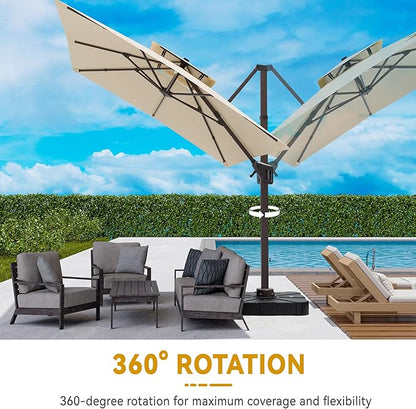 10x13 FT Cantilever Patio Umbrella with Base Included Double Top Outdoor Rectangular Large Heavy Duty Aluminum Offset Umbrellas with 7 Level Tilt 360-degree Rotation for Pool Garden Deck, Beige