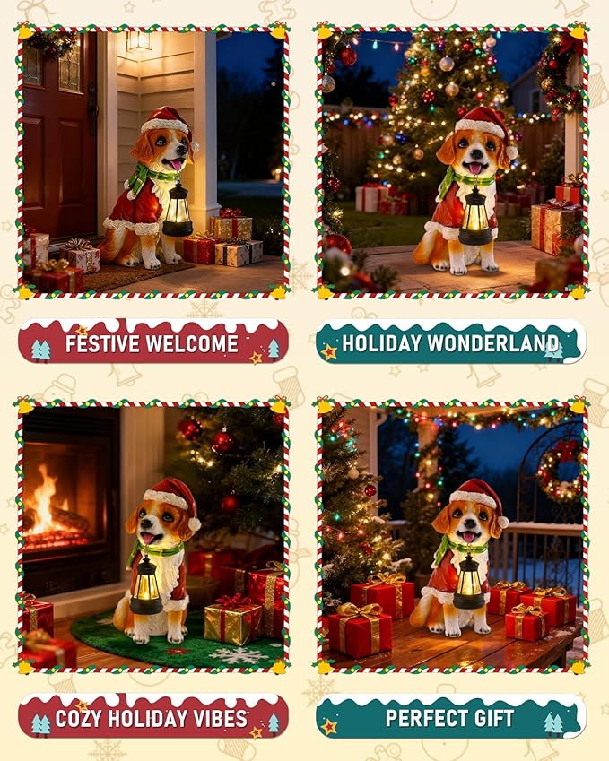 Christmas Dog Garden Statue with Solar Lantern – Santa Dog Figurine in Red Coat & Hat, Outdoor Christmas Yard & Porch Decorations, Balcony & Lawn Decor, for Dog Lovers