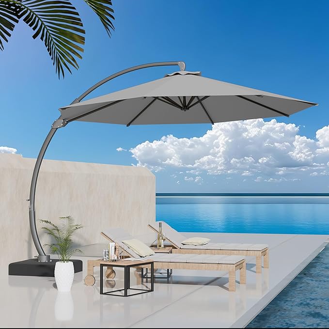 Kingdura 11ft Offset Cantilever Patio Umbrella with Base Included, Large Round Aluminum Outdoor Umbrella, 360° Rotation & Infinite Tilt, Heavy Duty Frame for Deck Pool Backyard, Light grey
