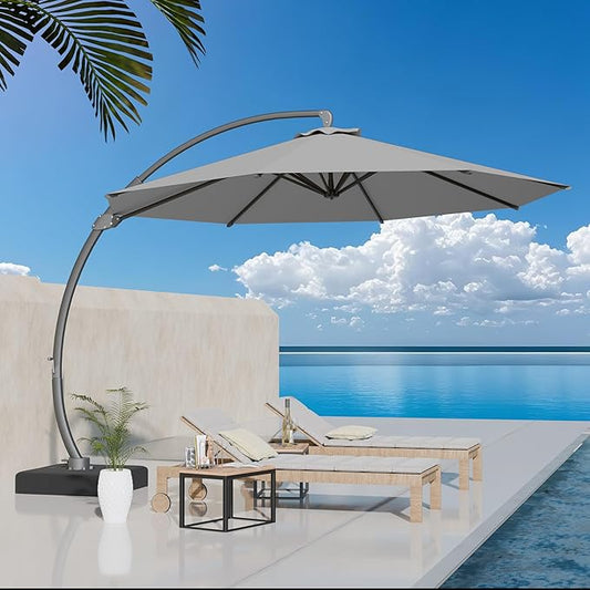 Kingdura 11ft Offset Cantilever Patio Umbrella with Base Included, Large Round Aluminum Outdoor Umbrella, 360° Rotation & Infinite Tilt, Heavy Duty Frame for Deck Pool Backyard, Light grey