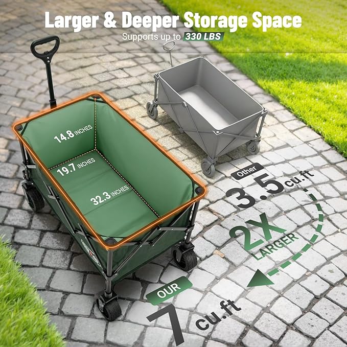 Overmont Ultra-Compact Collapsible Wagon Cart - 200L Portable Folding Wagon with All-Terrain Wheels Utility for Beach, Grocery Shopping, Camping, and Gardening – 330lbs Load Capacity Green