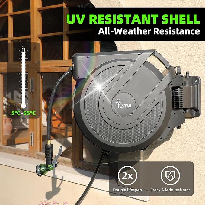 Retractable Garden Hose Reel 5/8" x100 ft, AutomaticHose Reel with 7 Pattern Nozzle, Any Length Lock Wall Mounted &180 Deg Swivel