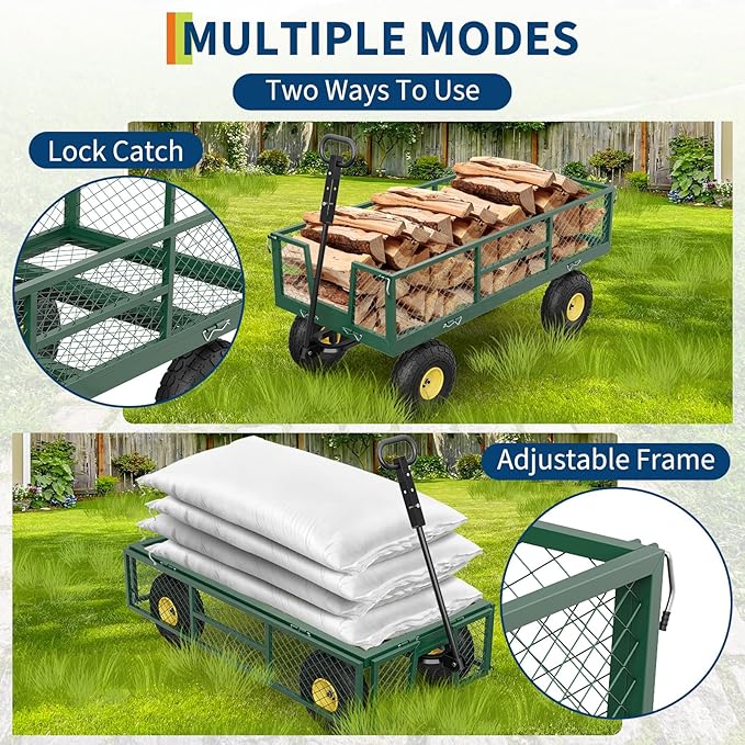 GarveeLife 900 LBS Garden Cart on Wheels with Adjustable Handles, Heavy Duty Steel Garden Wagon with Removable Mesh Sides to Convert into Flatbed, Wagon Cart for Lawn Farm Yard