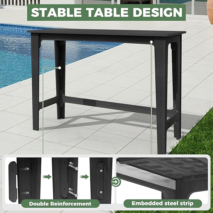 HDPE Outdoor Patio Bar Set with High Top Table and 2 Adirondack Chairs, All-Weather Bar Height Outside Rectangular Pub Furniture for Bistro, Garden, Backyard, Deck | 3-Pieces, Matte Black