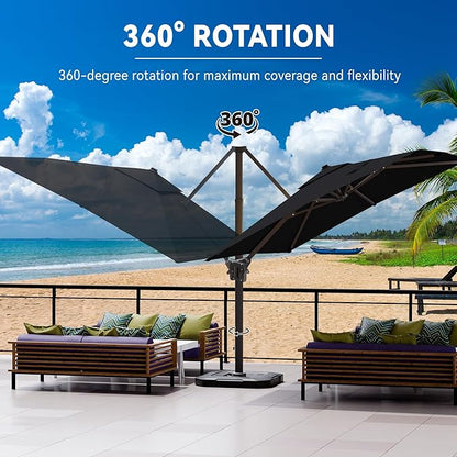 9' X 12' Cantilever Patio Umbrella with Base Included 360°Rotation Rectangular Outdoor Large Offset Umbrellas Heavy Duty Windproof for Garden Deck Pool, Black