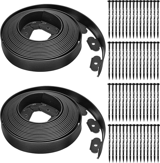Landscape Edging Coil 66 FT, 2 Inch Tall Garden Edging Border Flexible Lawn Edging Kit with 60 Spikes, Plastic Edging for Landscaping Flower Beds Yard Pathway Paver Edging (2IN x 66FT, Black)