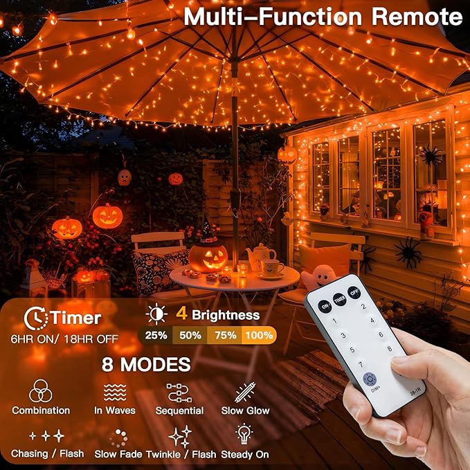 suddus Orange String Lights Outdoor with Remote, 33ft 100 LED Connectable Waterproof Halloween Lights Plug in, Dimmable Clear Wire Fairy Lights for Fall,Thanksgiving, Party, Tree, Garden, Porch Decor
