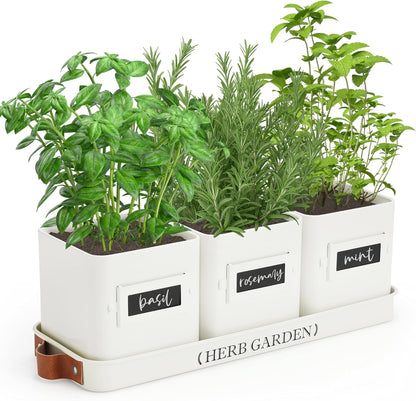 PERFNIQUE Indoor Herb Garden, Herb Planter Set with Tray, Farmhouse Indoor Plant Pots, Windowsill Herb Garden with Drainage(Planter only) for Indoor/Outdoor, Window Pots(White)