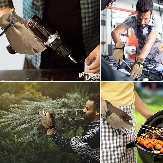 Leather Work Gloves for Men Women with Cotton Lining, Thorn Proof Gardening Gloves for TIG/MIG Welding, Construction (coffee, Small)