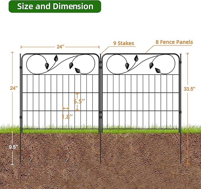 Decorative Black Garden Fencing 24in(H) X16ft(L) 8 Panels Metal Wire Edging Patio Landscape Flower Border Garden Fence for Dogs Animal Barrier for Outdoor