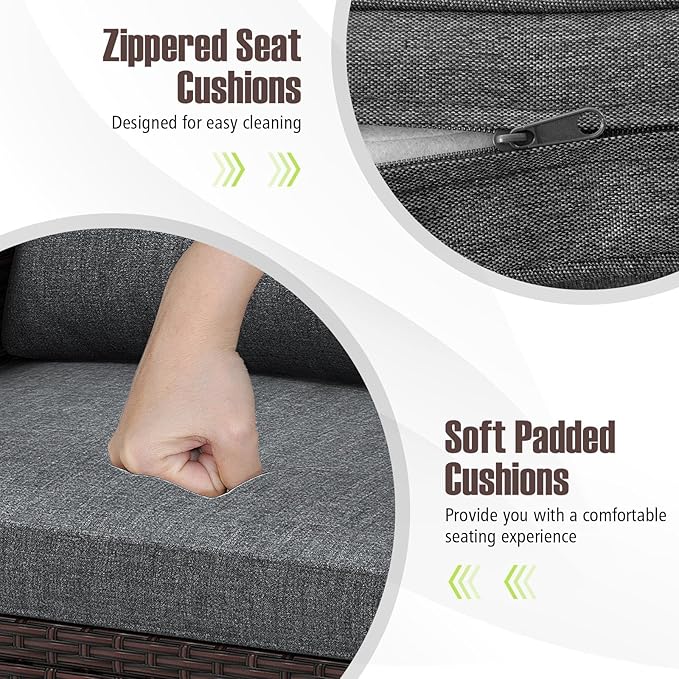 RELAX4LIFE 3-Piece Patio Furniture Set - Wicker Bistro Conversation Set w/2 Cushioned Armchairs & Glass Topped Table, Outdoor Rattan Sofa for Porch Balcony Poolside (Grey)