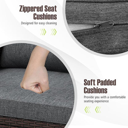 RELAX4LIFE 3-Piece Patio Furniture Set - Wicker Bistro Conversation Set w/2 Cushioned Armchairs & Glass Topped Table, Outdoor Rattan Sofa for Porch Balcony Poolside (Grey)