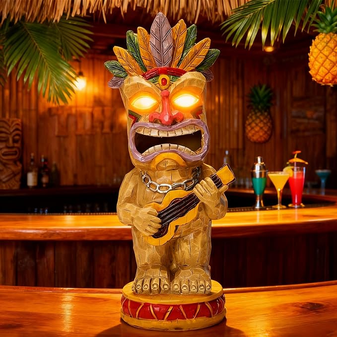 Solar Tiki Garden Statue with LED Eyes Outdoor Resin Ukulele Player Yard Decor Solar Light Hawaiian Style Lawn Ornament for Patio Porch Lawn Tiki Bar or Tiki Lover Funny Gifts Stocking Stuffers