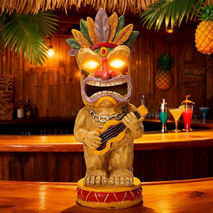 Solar Tiki Garden Statue with LED Eyes Outdoor Resin Ukulele Player Yard Decor Solar Light Hawaiian Style Lawn Ornament for Patio Porch Lawn Tiki Bar or Tiki Lover Funny Gifts Stocking Stuffers