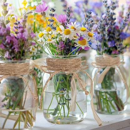 Vintage Glass Flower Vase，12 Pack Farmhouse Transparent White Glass Centerpiece Vases Mason Jars for Weddings, Parties & Home Decor Bulk (12, Transparent)