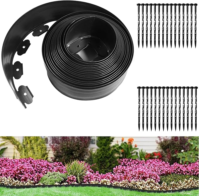 Landscape Edging Coil 33 FT, 4 Inch Tall Garden Edging Border Flexible Lawn Edging Kit with 30 Spikes, Plastic Edging for Landscaping Flower Beds Yard Pathway Paver Edging (4IN x 33FT, Black)