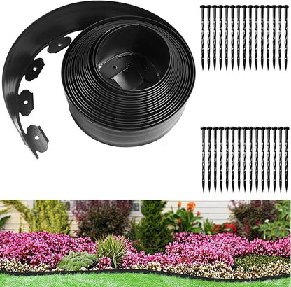 Landscape Edging Coil 33 FT, 4 Inch Tall Garden Edging Border Flexible Lawn Edging Kit with 30 Spikes, Plastic Edging for Landscaping Flower Beds Yard Pathway Paver Edging (4IN x 33FT, Black)