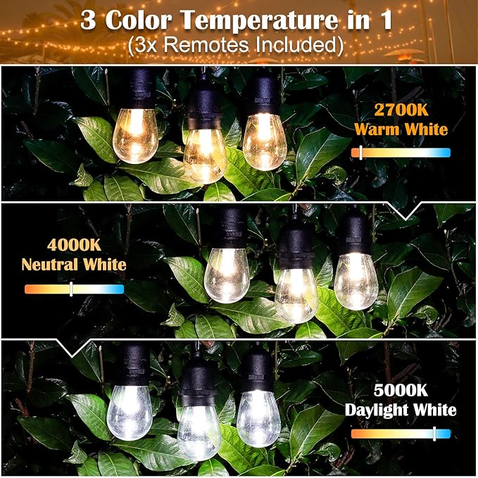 Mlambert 2 Pack Each 48FT 3-Color in 1 Solar String Lights Outdoor, Dimmable Patio Lights with Remote, 30+5 Waterproof LED Bulbs for Cafe Bistro Yard