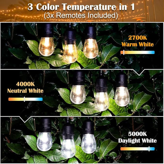 Mlambert 2 Pack Each 48FT 3-Color in 1 Solar String Lights Outdoor, Dimmable Patio Lights with Remote, 30+5 Waterproof LED Bulbs for Cafe Bistro Yard
