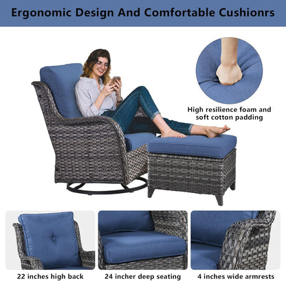 5 Piece Outdoor Patio Furniture Set - Wicker Furniture Patio Conversation Set, Outdoor Swivel Rocker Chairs with 3-Seater Sofa and 2 Ottomans for Small Space, Blue Cushion