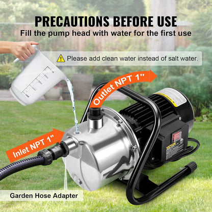 VEVOR 1.1 HP Portable Shallow Well Pump, 978 GPH Garden Jet Pump, 115V, 131 ft Height, Stainless Steel Sprinkler Booster Pumps for Garden Lawn Irrigation system, Lake Fountain, Water Transfer