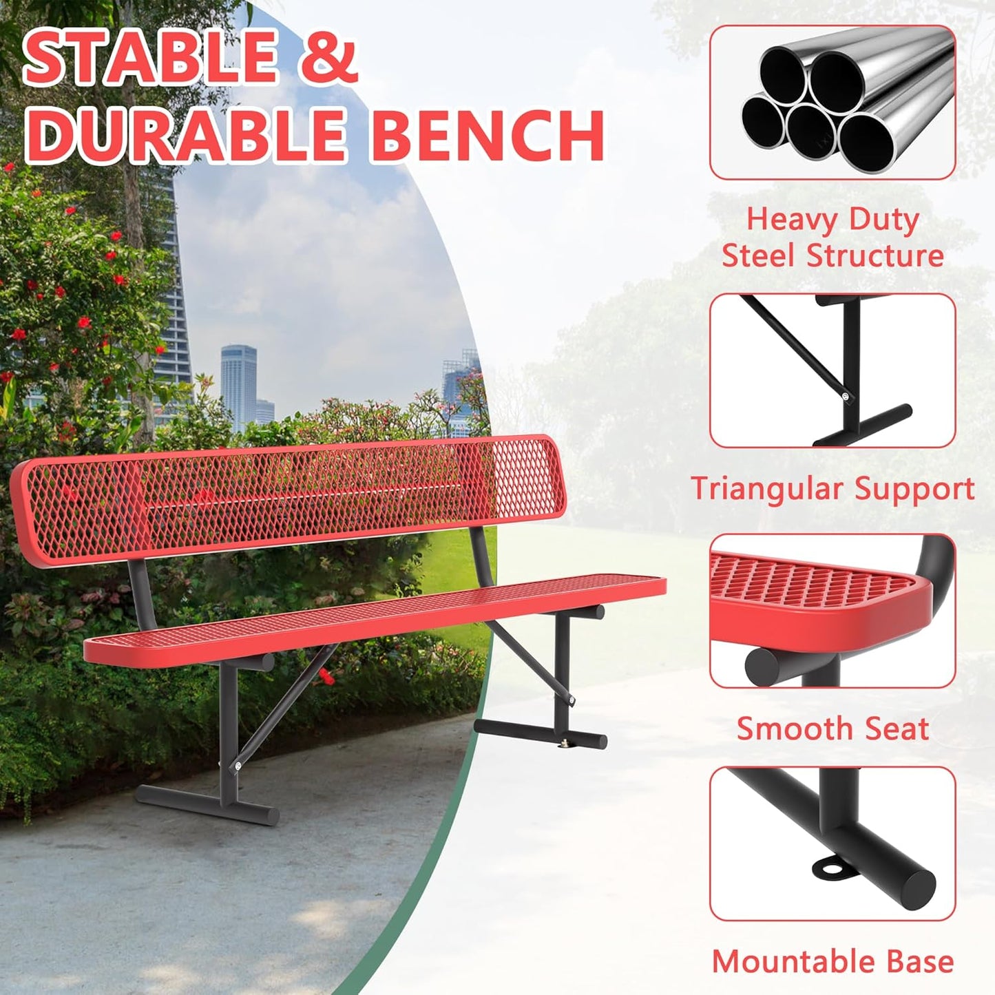 Heavy Duty Park Bench with Back Portable Frame, Outdoor Steel Bench with Backrest, Outdoor Park Bench Expanded Metal Mesh Bench for Lawn, Park, Deck, Garden, Patio, Porch, Black (Red, 8FT)