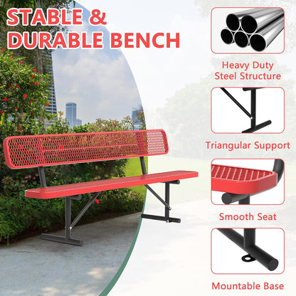Heavy Duty Park Bench with Back Portable Frame, Outdoor Steel Bench with Backrest, Outdoor Park Bench Expanded Metal Mesh Bench for Lawn, Park, Deck, Garden, Patio, Porch, Black (Red, 8FT)