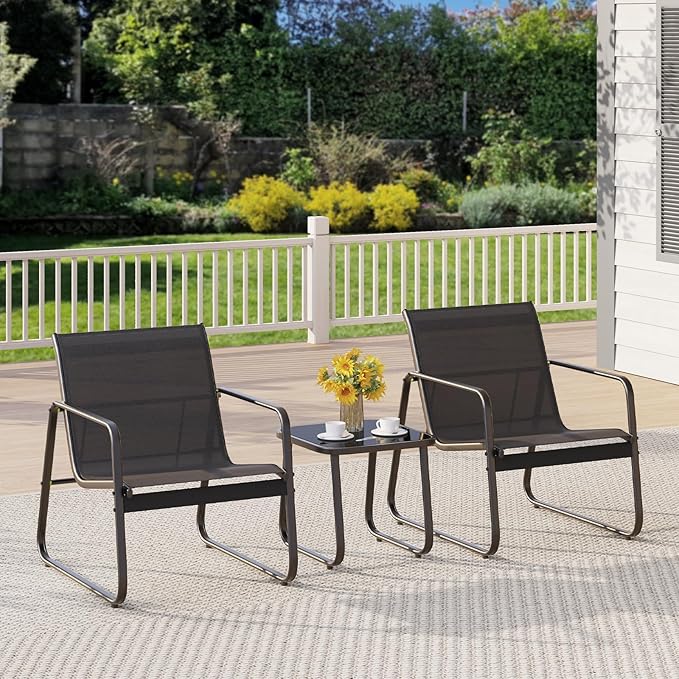 Gizoon Patio Chairs Set of 2, Patio Fumiture Set with Metal Fframe Glass Table, Outdoor Chairs Set of 2 for Balcony Bistro Table and Chair Set for Lawn, Black