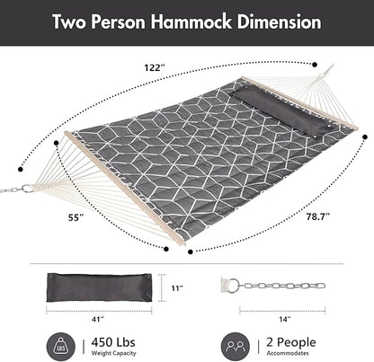 ANOW Outdoor Hammock with Spreader Bars and Detachable Pillow, 2 Person Hammock, 450 LBS Weight Capacity, Gray Cube