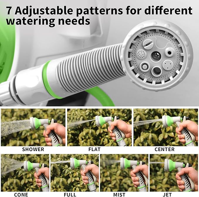 Garden Retractable Hose Reel, Portable Simple Home Hose Reel 45+5 FT with 7 Patterns Spray Nozzle, Wall Mounted and Any Length Lock for Garden Watering, Car Washing, Pet (Green)