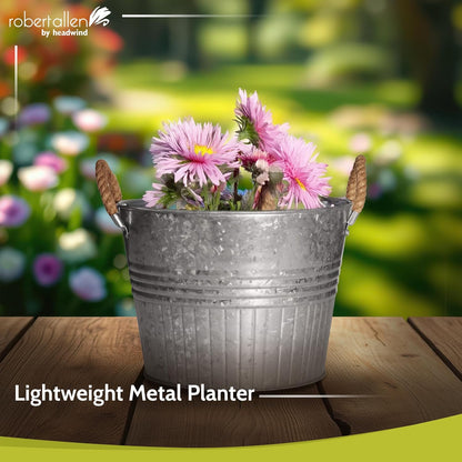 Headwind Round Galvanized Bucket w/Rope Handles – 10 Inch Metal Tub Bucket Planter for Outdoor Plants with Drainage Hole – Galvanized Large Outdoor Planters Buckets by Robert Allen