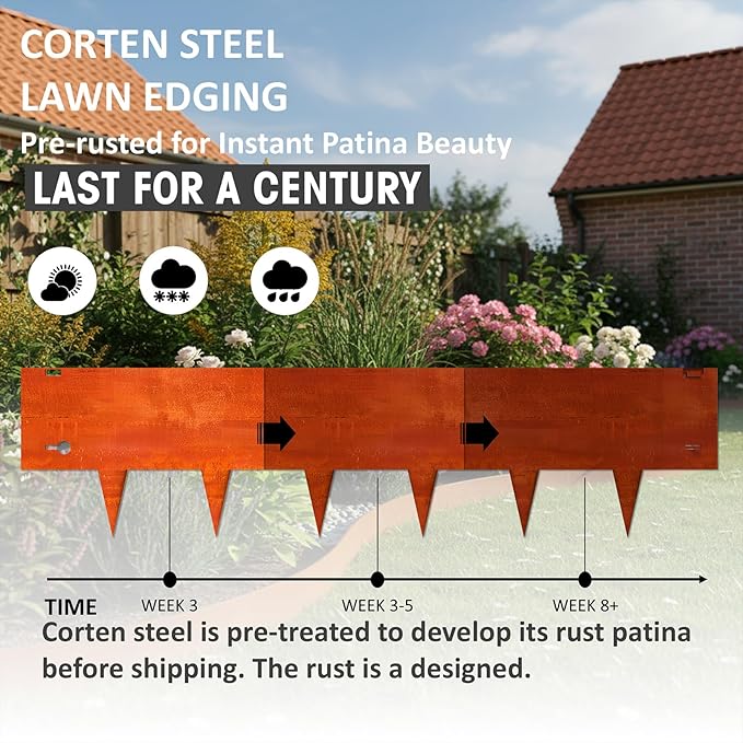 40"x10" Corten Steel Landscape Edging, 6-Pack (20ft Total) – Rusted Metal Garden Border, Lawn & Flower Bed Edging, Decorative Hammer-in Outdoor Landscaping Border for Yard, Pathways & Driveways