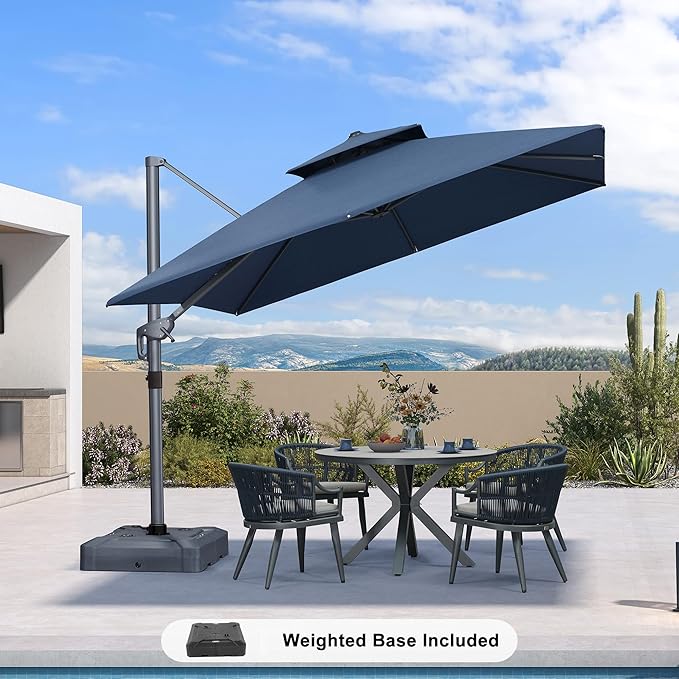 PURPLE LEAF 10 FT Cantilever Patio Umbrella Outdoor Umbrella with 220lbs Base Large Square Windproof Offset Umbrella for Pool Deck Garden, Ocean Slate