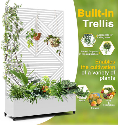 FENCY Metal Raised Garden Bed with Wheels and Trellis,73"x47"x16" Planter Box for Climbing Plants, Vegetables & Vines, Features Privacy Screen and Drainage Holes (White-Modern)
