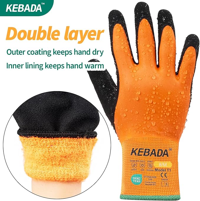 Kebada T1 3 Pairs Waterproof Winter Work Gloves for Men and Women, Warm Work Gloves for Cold Weather, Thermal Insulated Freezer Gloves, 100% Latex Coating & Super Grip, Unisex, Large