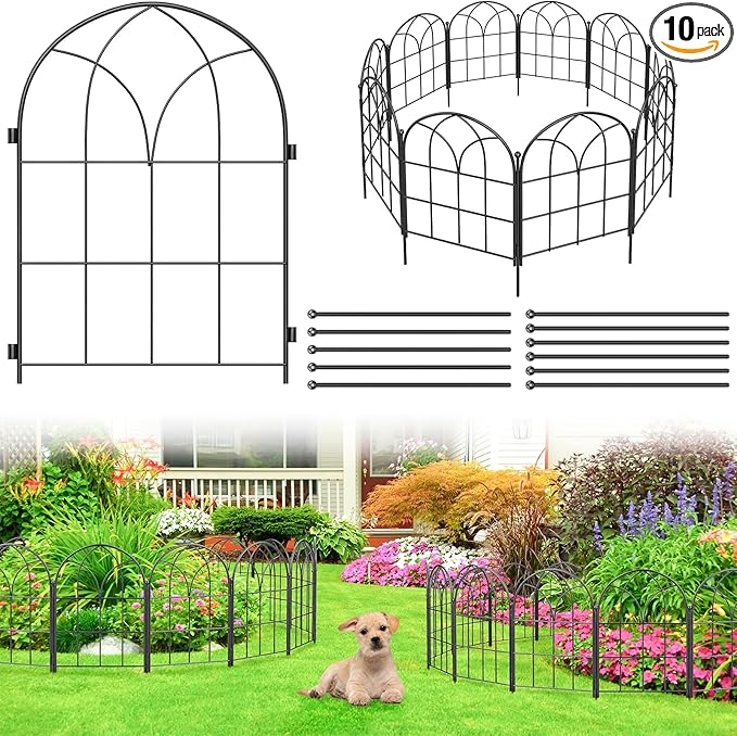Black Garden Fences Animal Barrier, 12.55"*16.48" Garden Border Fencing, Rustproof Metal No Dig Fence for Dogs, Outdoor Fence, Dog Fencing for Patio, Flower Bed, Farm (Medium 10 Pcs)